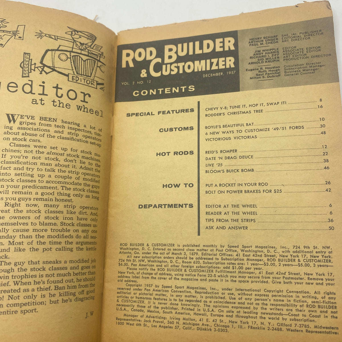 Interior page of Rod Builder & Customizer Magazine December 1957, displaying table of contents and articles related to car modifications.