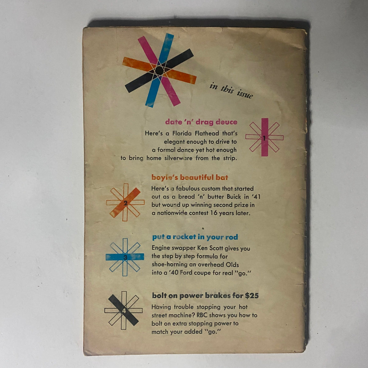 Back cover of Rod Builder & Customizer Magazine December 1957, summarizing featured articles on automotive customization and performance.