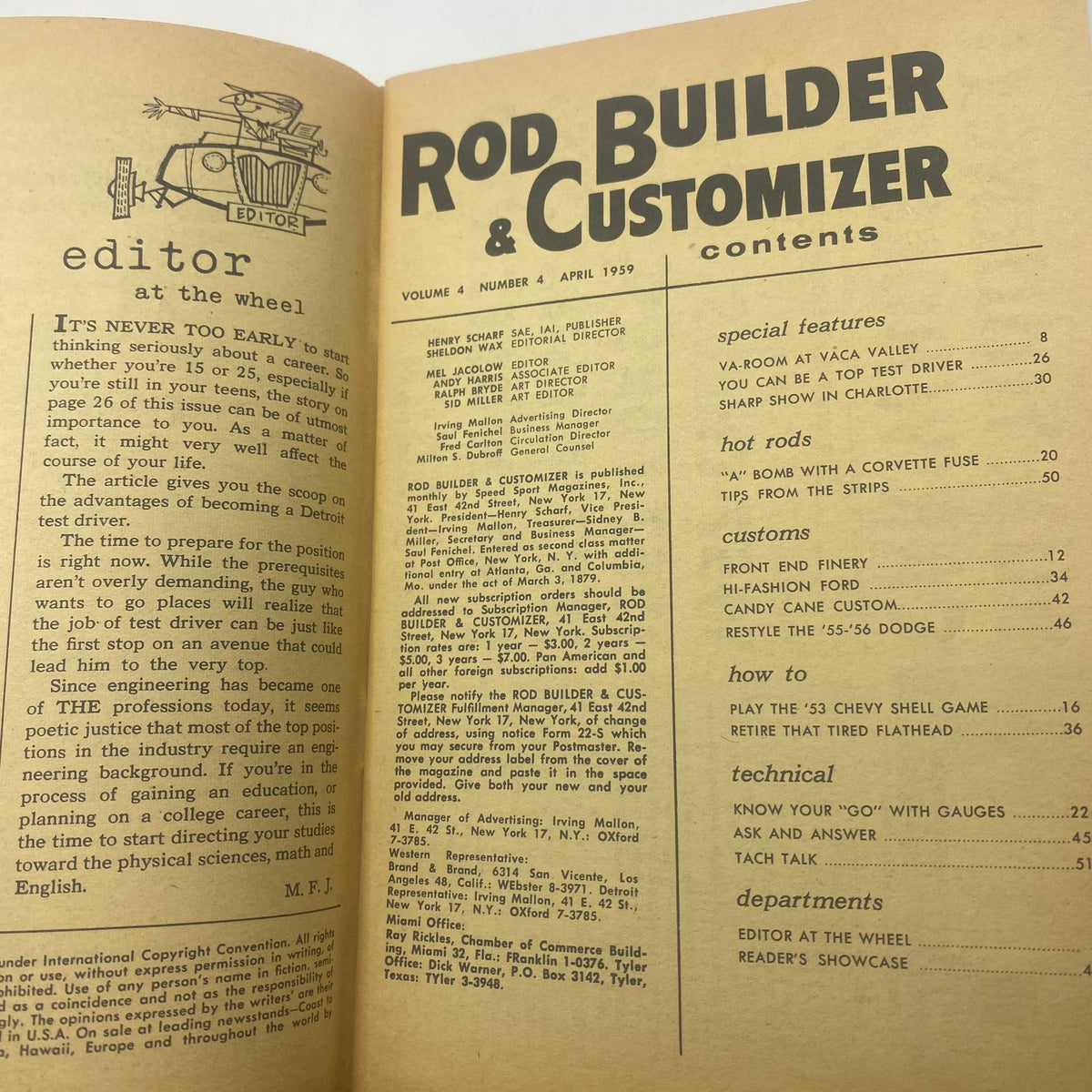 Contents page of VTG Rod Builder & Customizer Magazine, April 1959, detailing articles on rod customization, hot rods, and technical guides for automotive enthusiasts.