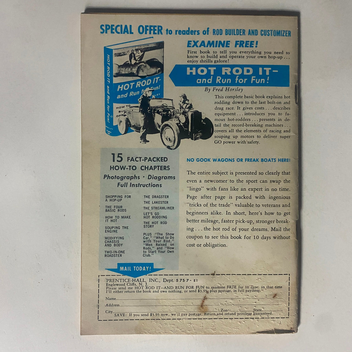 Back cover of VTG Rod Builder & Customizer Magazine, April 1959, promoting a special offer for a book on hot rodding, highlighting the valuable how-to content inside.