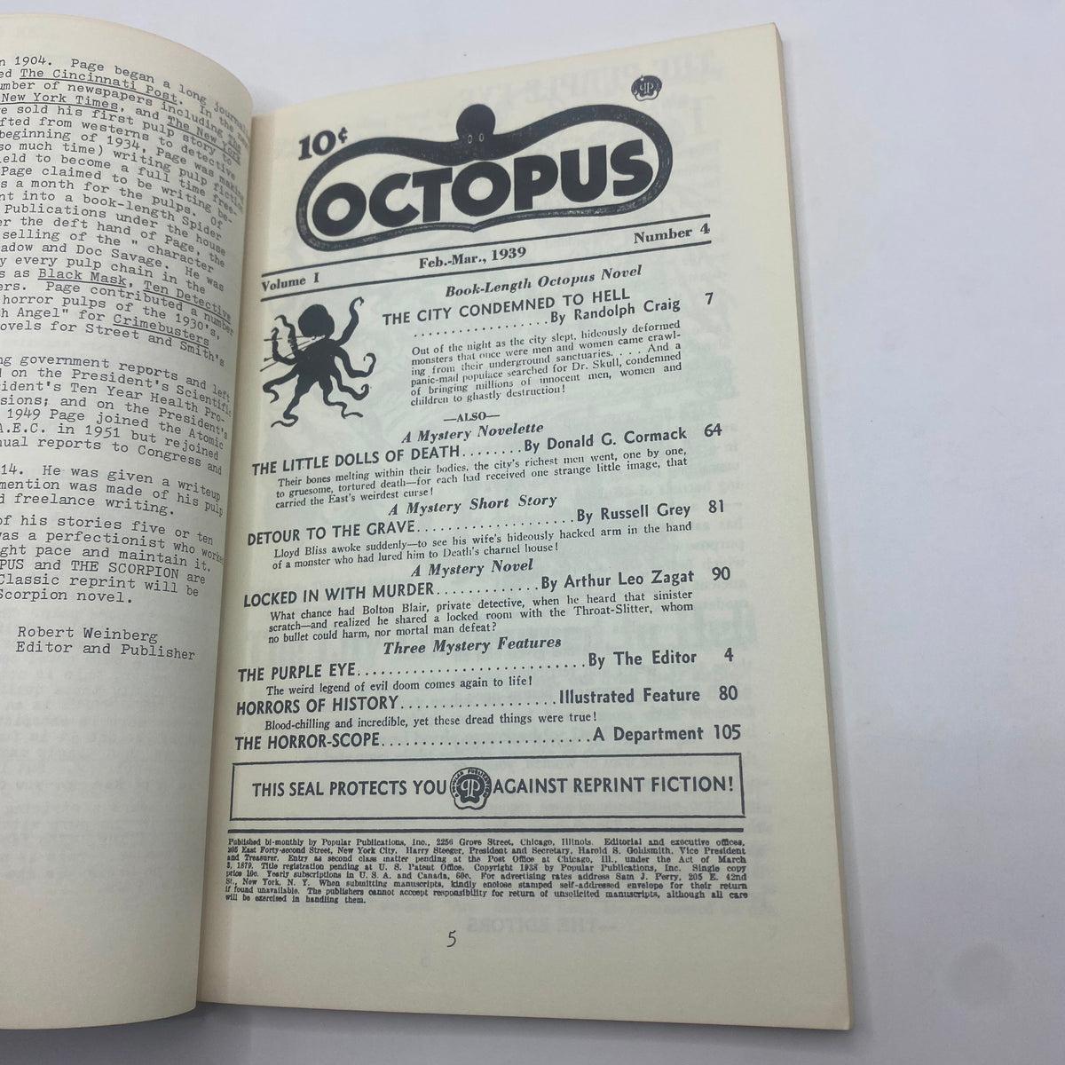 Contents page of VTG Octopus Magazine February 1939 detailing various stories including 'The City Condemned to Hell' with numbered sections.