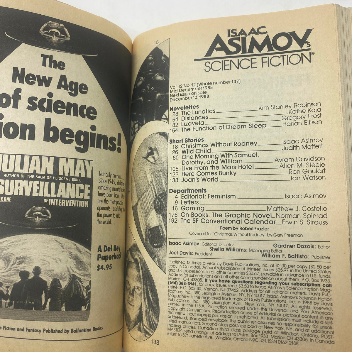 Interior page of Isaac Asimov's Science Fiction Magazine December 1988 showcasing the table of contents, featuring the story "Christmas Without Rodney" alongside listings of other short stories and departments.