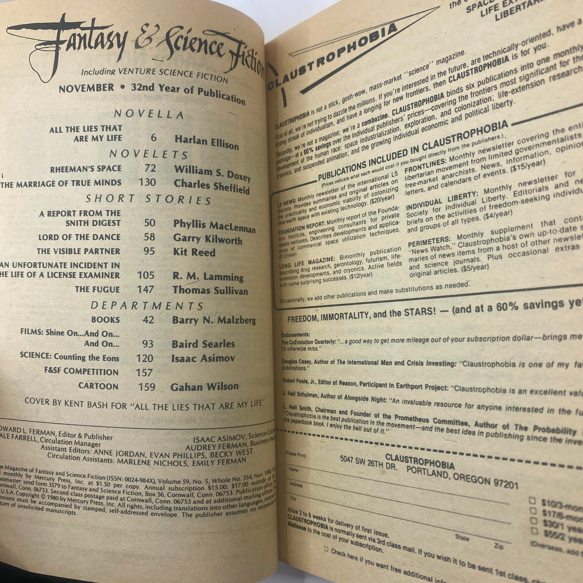 Inside pages of Isaac Asimov Fantasy & Science Fiction Magazine November 1980, detailing the table of contents which includes Harlan Ellison's novella and various short stories and sections.