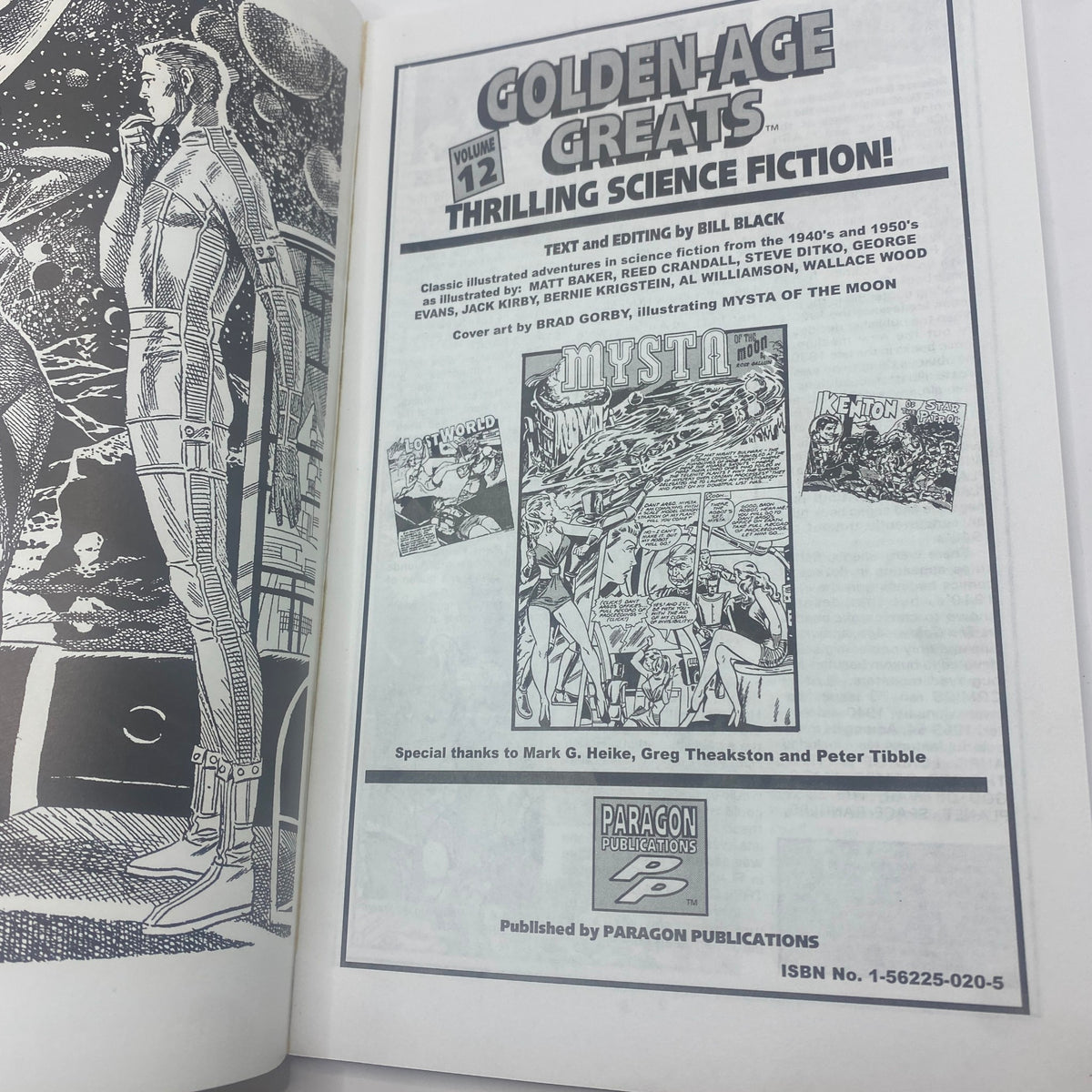 Interior page from 'Golden-Age Greats Thrilling Science Fiction' by Bill Black, featuring editor's notes and illustrations highlighting classic sci-fi adventures.