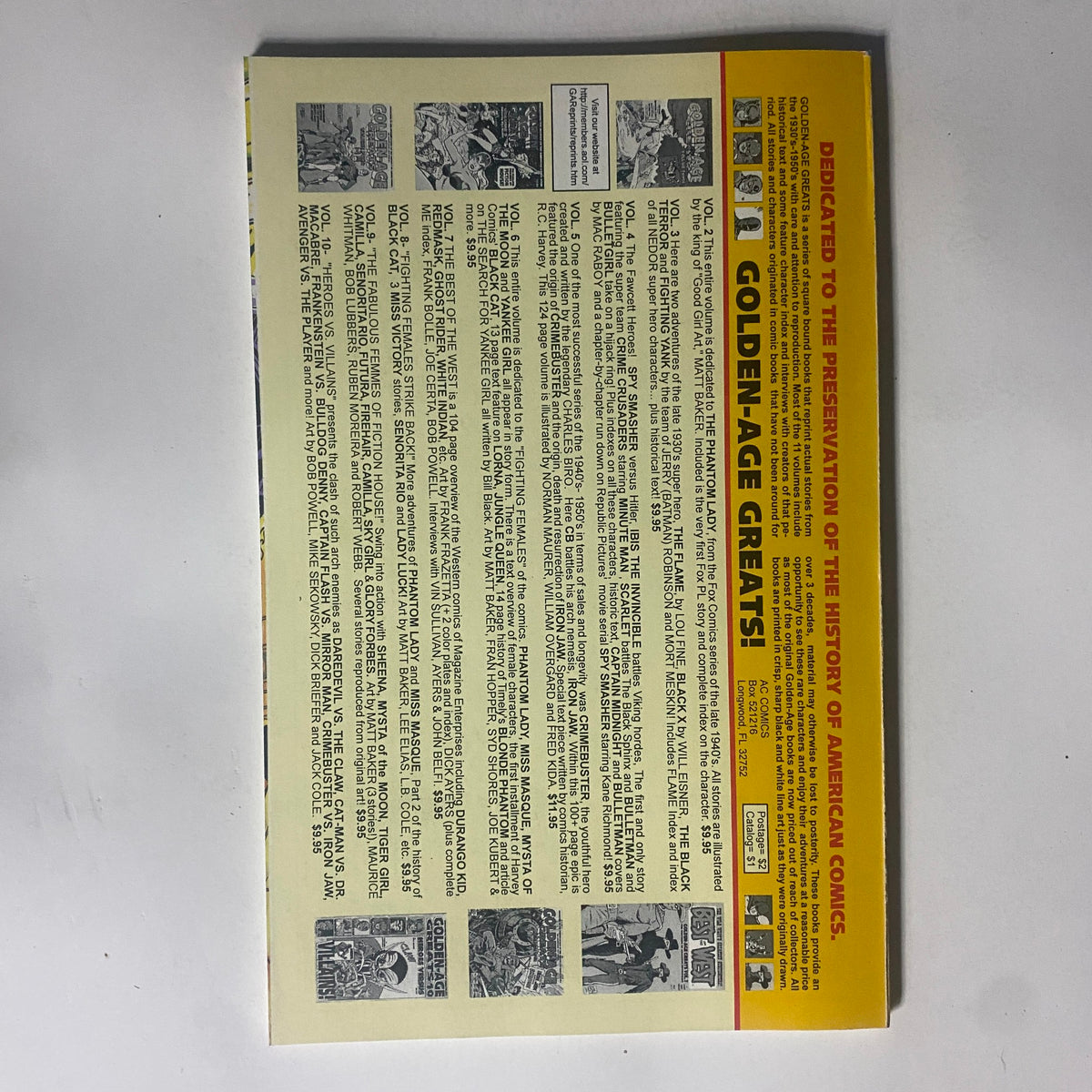 Back cover of the 1994 Golden-Age Greats Thrilling Science Fiction by Bill Black comic book, highlighting the dedication to preserving the history of American comics.