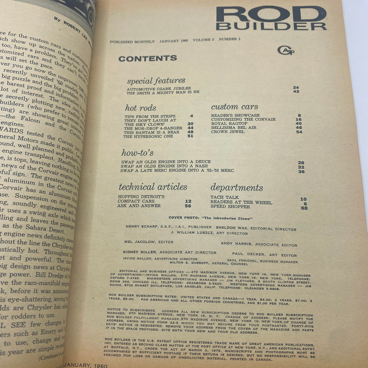 Interior page of Rod Builder Magazine January 1960 displaying the table of contents, listing features on hot rods, custom cars, how-to's, and technical articles.