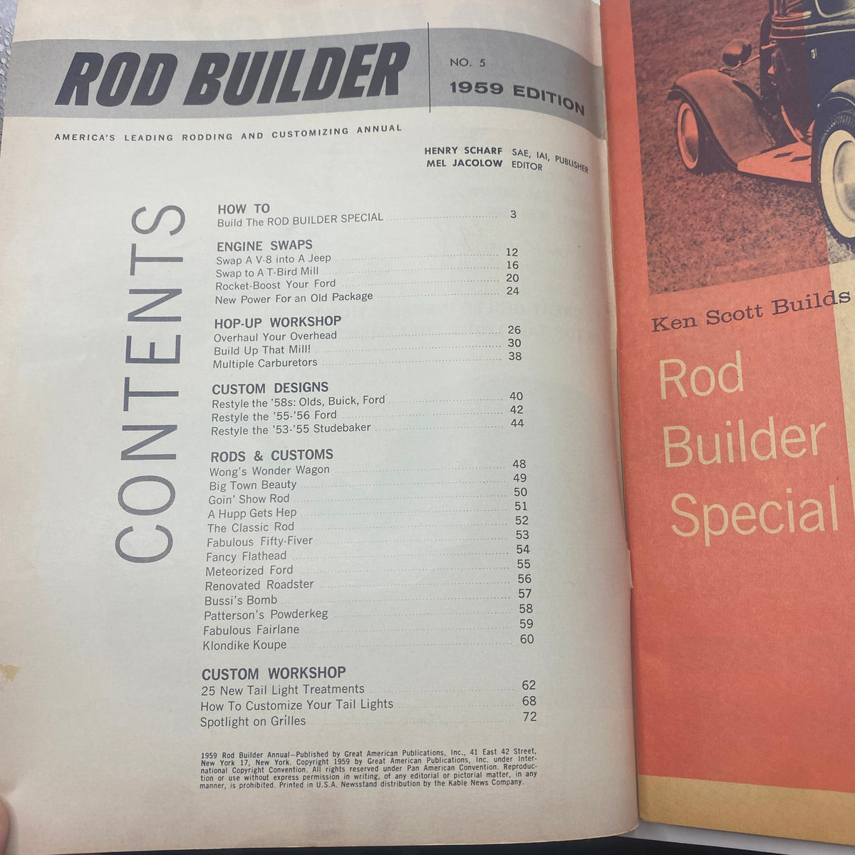 Interior page showcasing the table of contents from the VTG Rod Builder Magazine 1959 No. 5 The Rod Builder Special, detailing articles on engine swaps, custom designs, and rod building techniques.