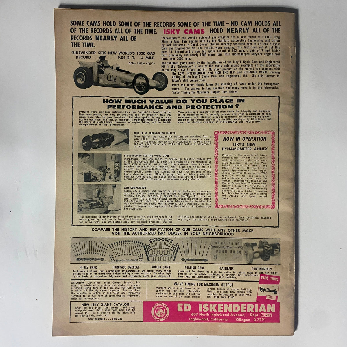 Back cover of VTG Rod Builder Magazine December 1959 featuring a vintage advertisement for Isky Cams, demonstrating the emphasis on automotive performance and innovation.