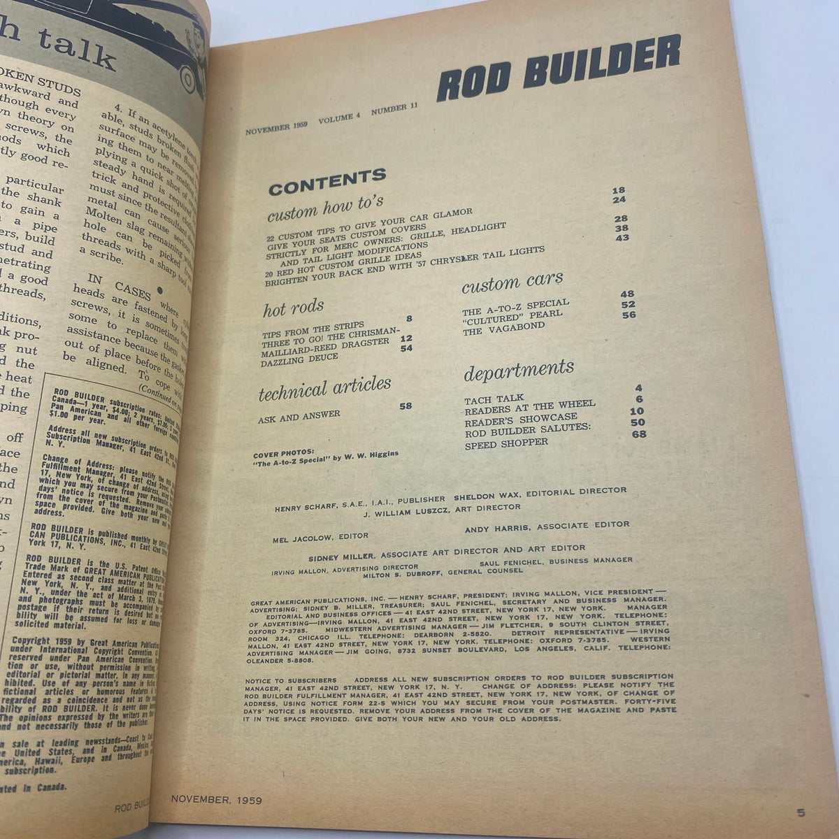 Contents page of the Vintage Rod Builder Magazine November 1959, detailing articles on customizing cars and rod building techniques featured in the A-to-Z Special edition.