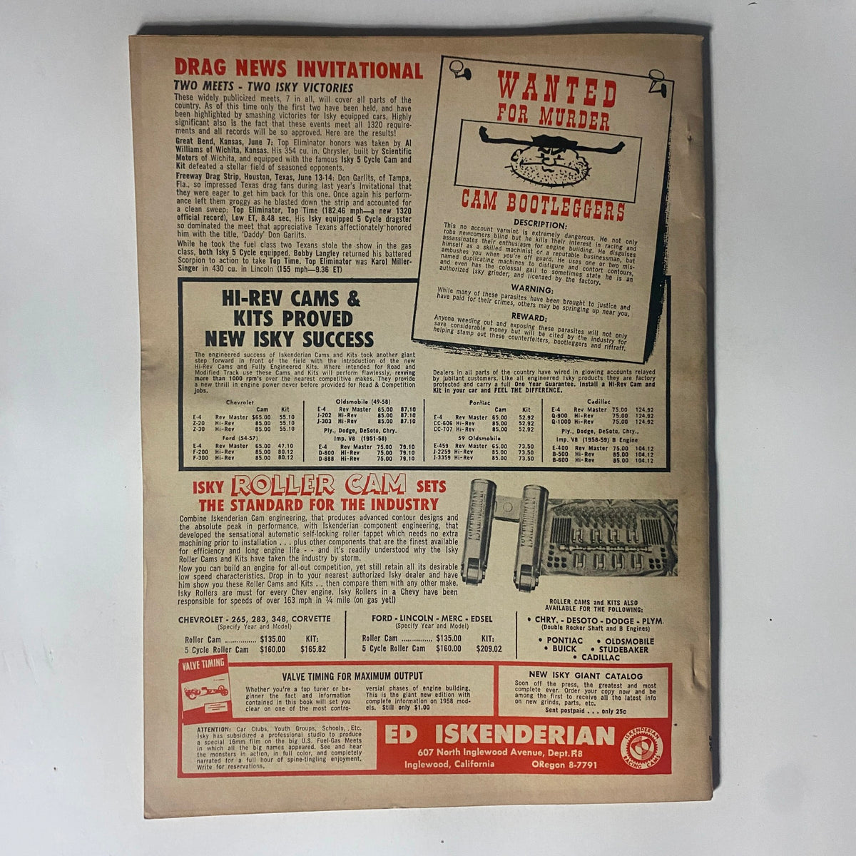 Back cover of the Vintage Rod Builder Magazine November 1959, displaying advertisements related to automotive parts and racing, highlighting the culture and innovations of the era.