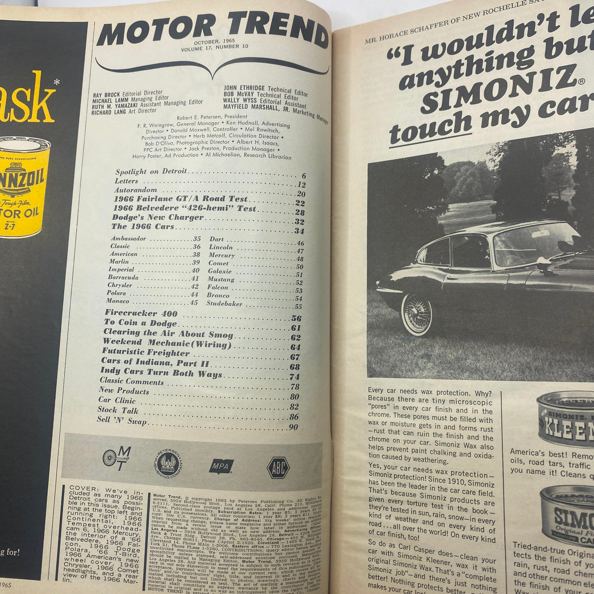 Inside page of VTG Motor Trend Magazine October 1965 featuring the table of contents for that issue, showcasing various articles including 'Cars of Indiana Part II'.