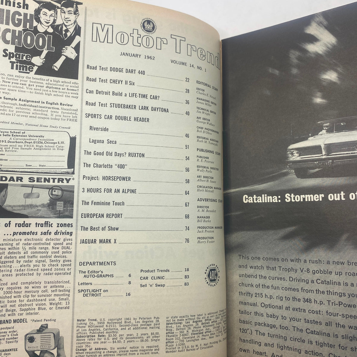 Motor Trend Magazine January 1962 showcasing table of contents, featuring articles on the Dodge Dart and Chevy II, highlighting automotive innovations of the early 1960s. Title: VTG Motor Trend Magazine January 1962 Dodge Dart and Chevy II No Label VG.