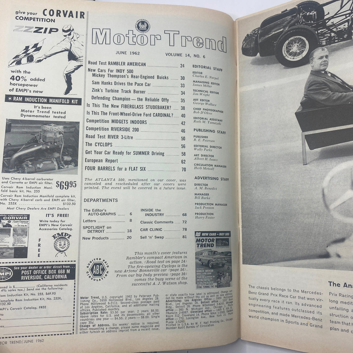 Interior page of Motor Trend Magazine June 1962 displaying the table of contents, highlighting articles on new car features and road tests with Jet-Propelled Cyclops.