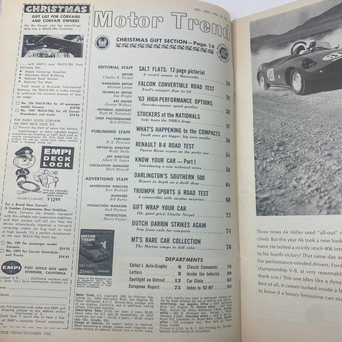 Inside page showing the table of contents of VTG Motor Trend Magazine December 1962, highlighting articles including 'Salt Flats: 12-page pictorial' and various road tests.