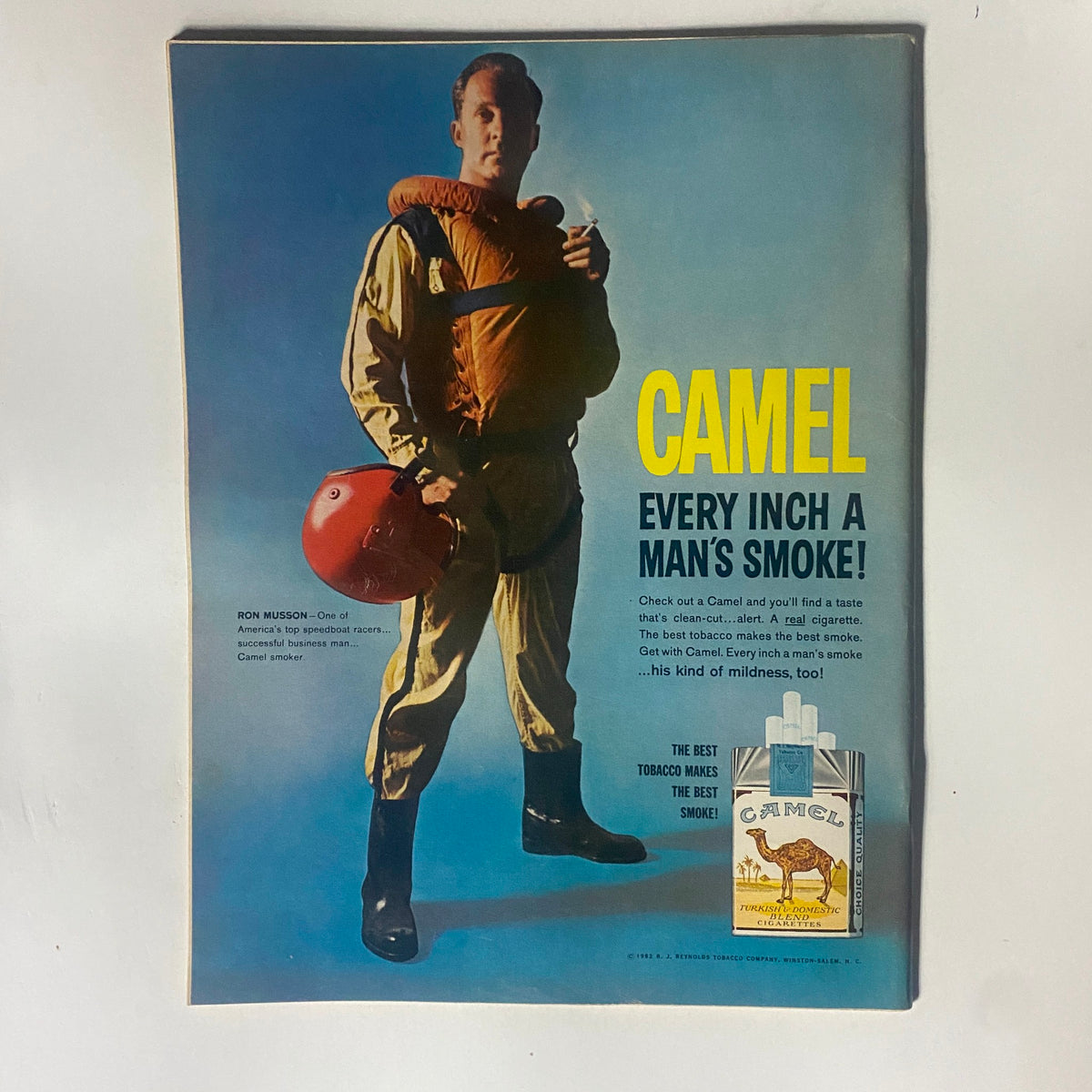 Advertisement page for Camel cigarettes featuring Ron Musson, a top speedboat racer, promoting the brand with the slogan 'Every Inch a Man's Smoke' in the VTG Motor Trend Magazine December 1962.