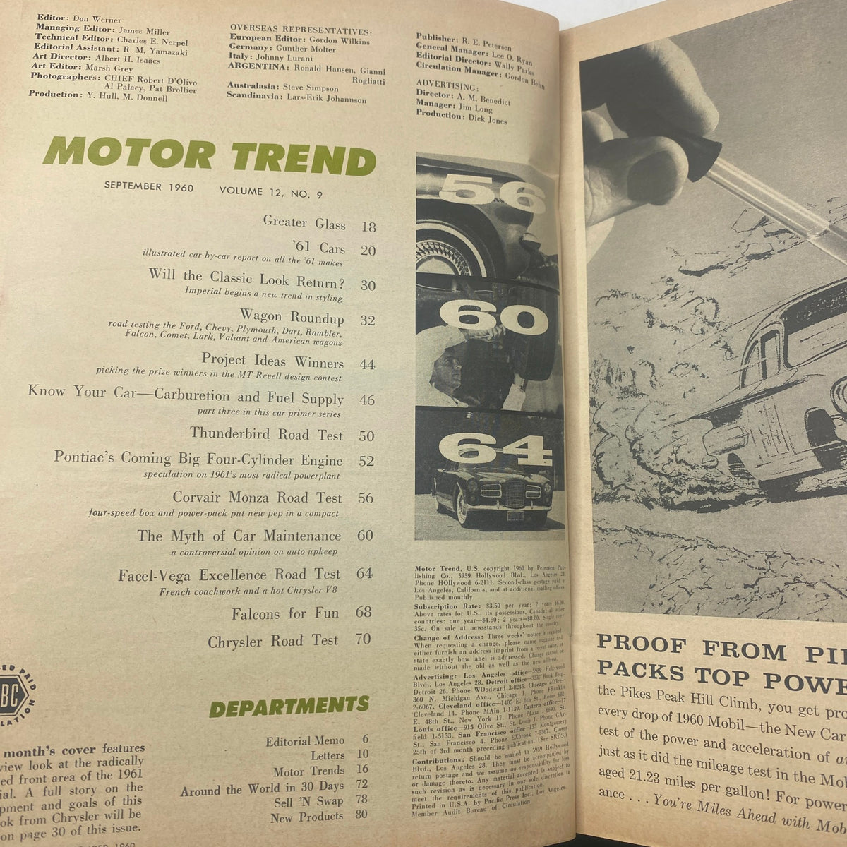 Inside page of VTG Motor Trend Magazine September 1960 displaying the table of contents with articles related to Pontiac's innovative four-cylinder engine and other automotive tests, emphasizing the magazine's historical context in automotive culture.
