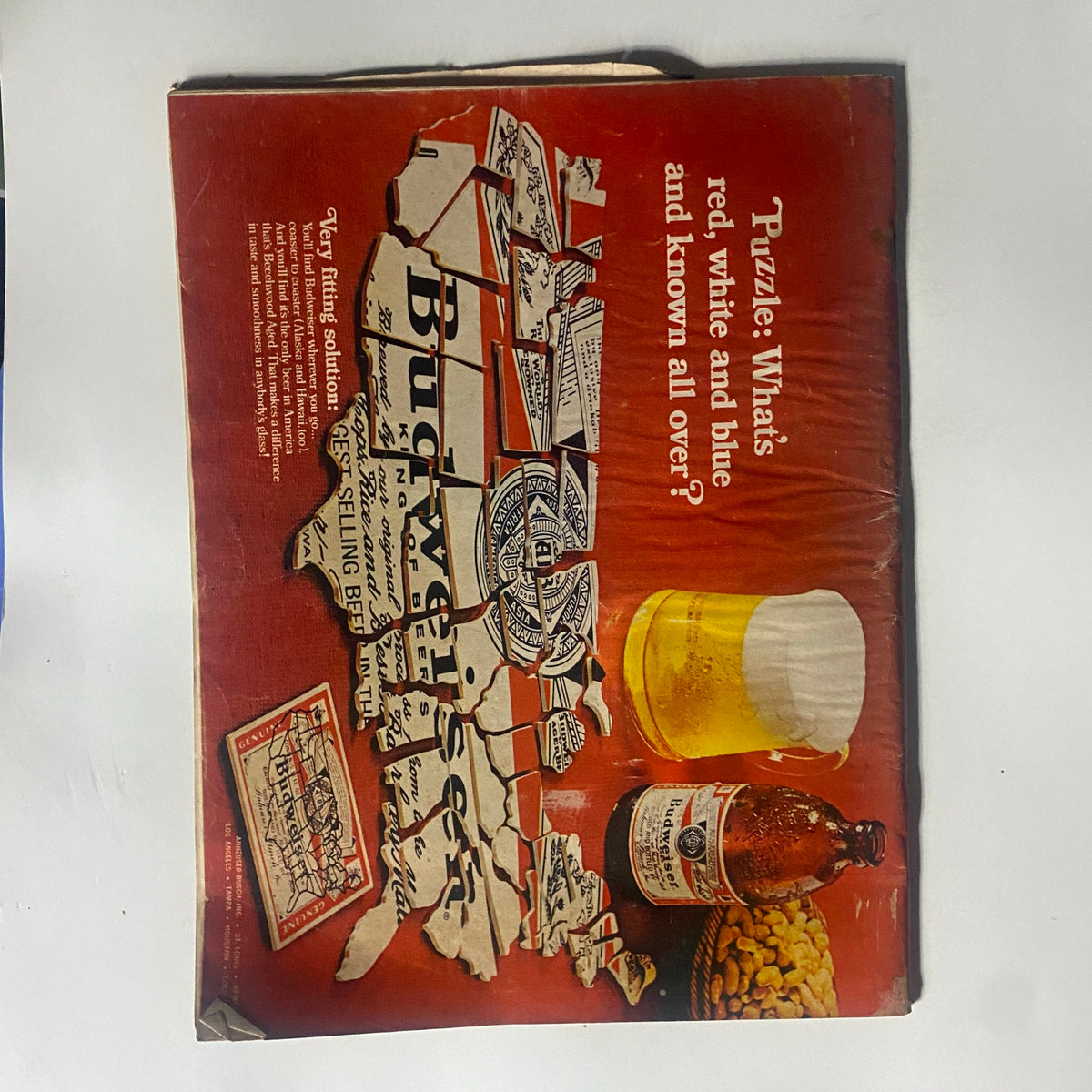 Back cover of Motor Trend Magazine October 1968 displaying a Budweiser advertisement with a riddle. VTG Motor Trend Magazine October 1968 First Full Road Test Mopar 340 No Label.
