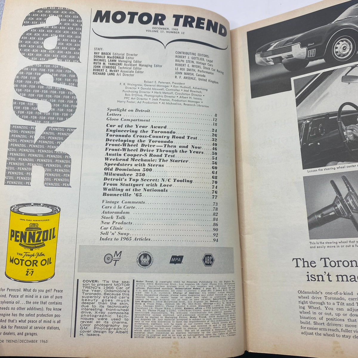 Motor Trend Magazine December 1965 featuring the Oldsmobile Toronado, showcasing the table of contents and articles related to automotive trends of the era.
