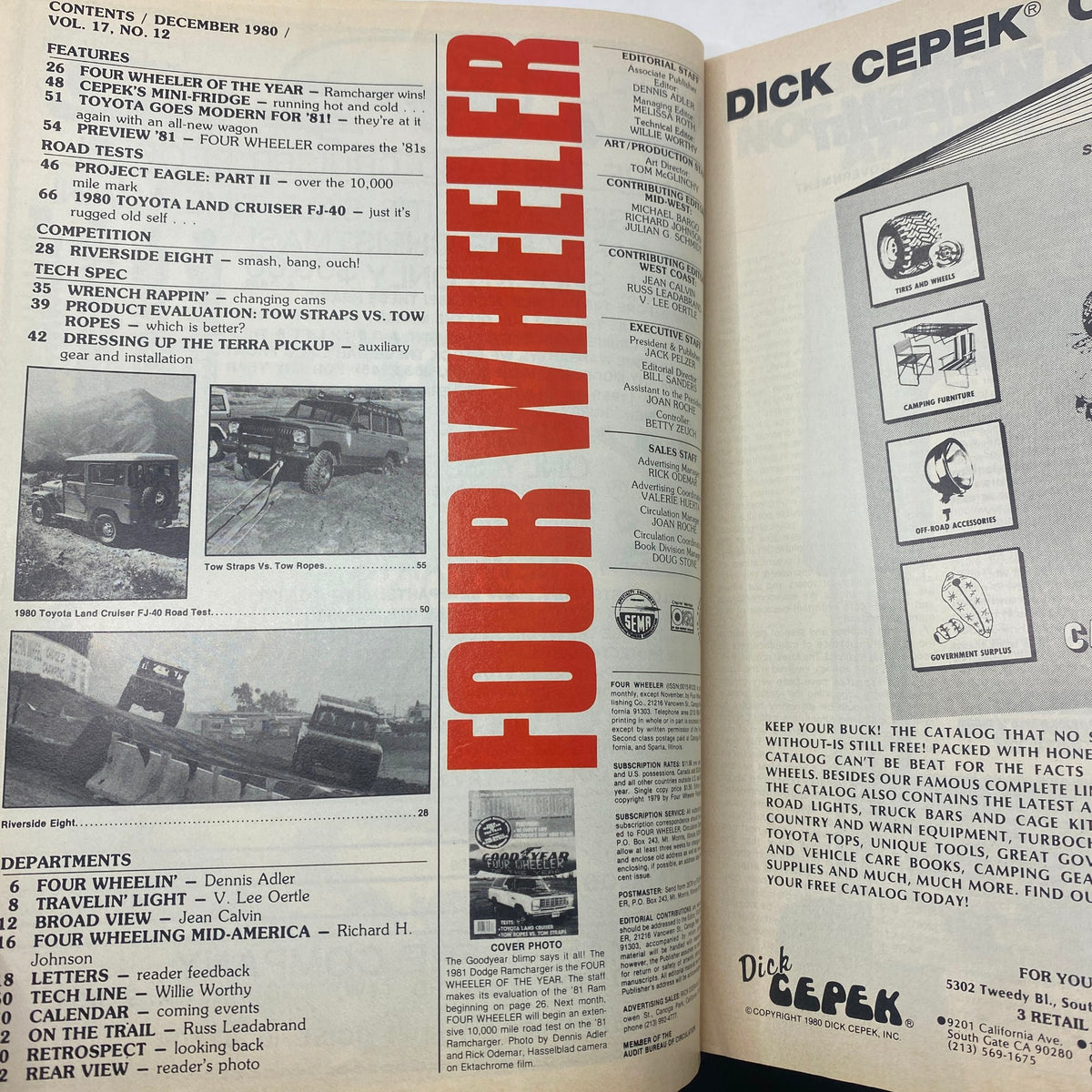 Inside page of VTG Four Wheeler Magazine December 1980 displaying the table of contents, including articles on the 1981 Dodge Ramcharger, Toyota Land Cruiser, and feature on tow straps vs. tow ropes.