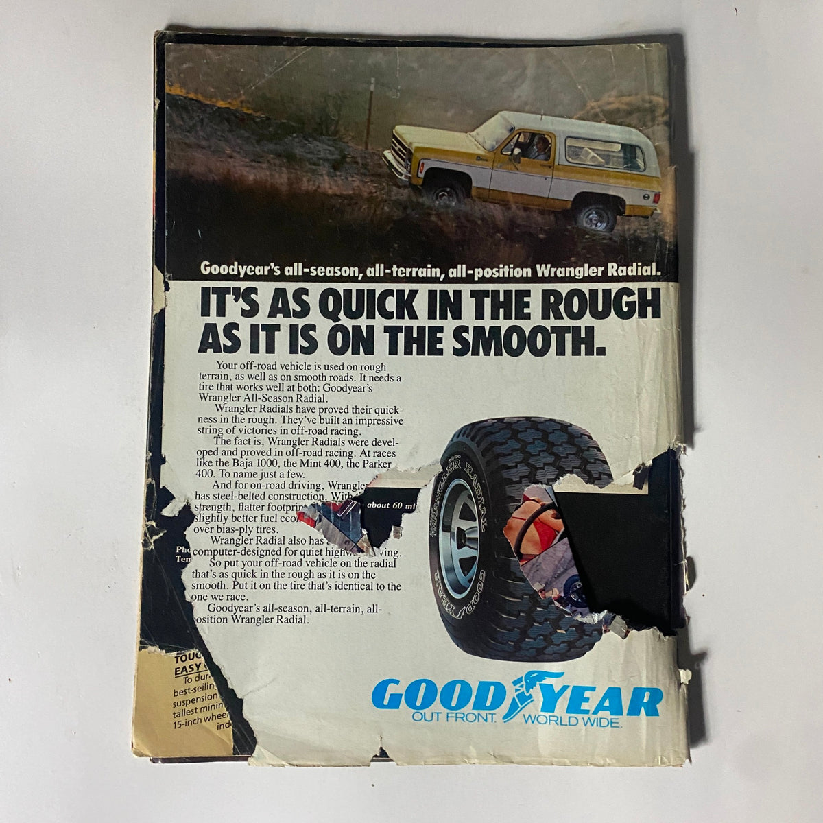 Back cover of VTG Four Wheeler Magazine May 1981 featuring an advertisement for Goodyear Wrangler Radial tires, emphasizing off-road vehicle performance.