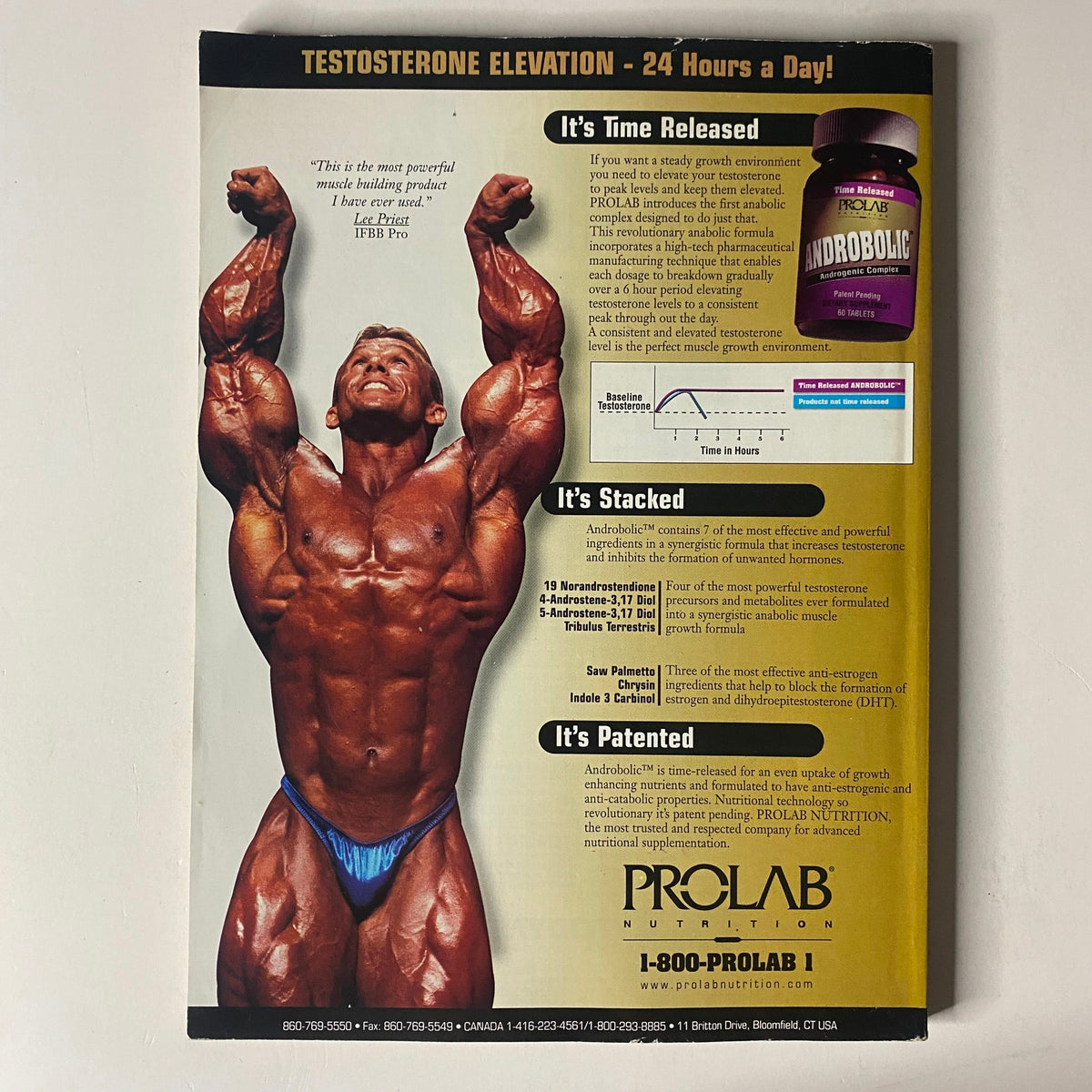 Advertisement from MuscleMag International Magazine October 1999 featuring a muscular male bodybuilder showcasing testosterone elevation benefits with ProLab Nutritional products. Relevant to MuscleMag International Magazine October 1999 No. 208.