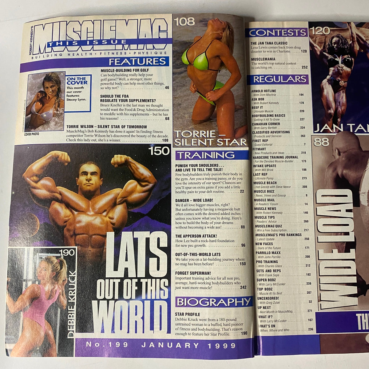 MuscleMag International Magazine January 1999 No. 199 featuring Torrie Wilson on the cover, showcasing fitness articles and bodybuilding insights.