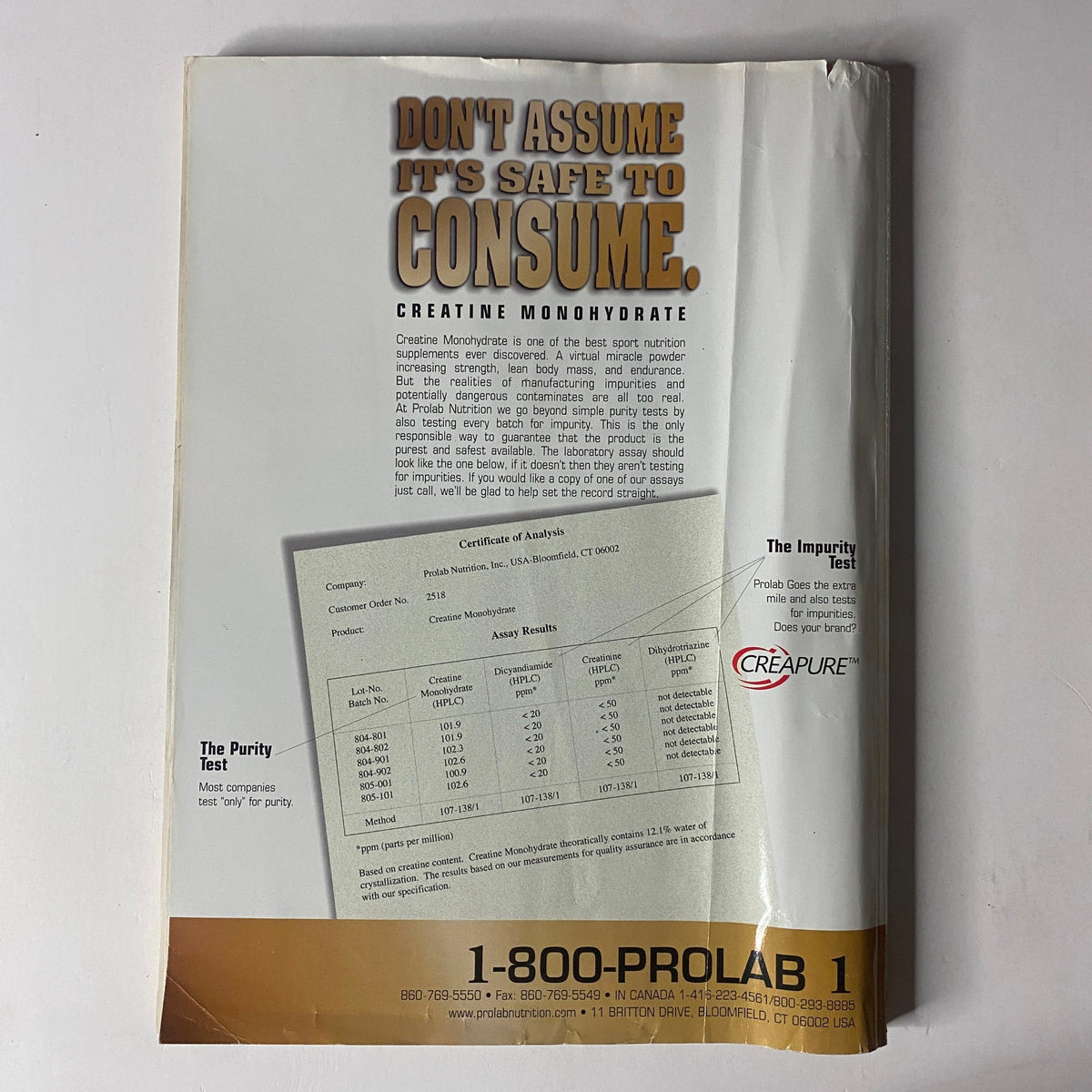 Back cover of MuscleMag International Magazine February 1999 featuring a promotion for Creatine Monohydrate. The design includes a warning about product purity, reflecting the magazine's commitment to safe supplementation for fitness enthusiasts.