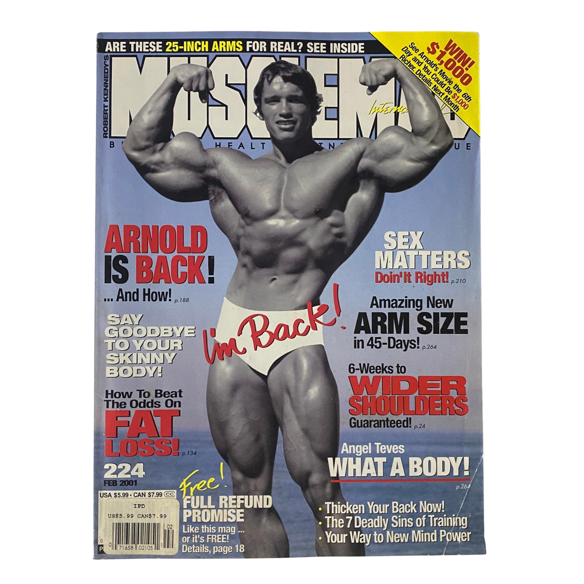 Cover image of MuscleMag International Magazine February 2001 featuring Arnold Schwarzenegger, highlighting bodybuilding and fitness topics.