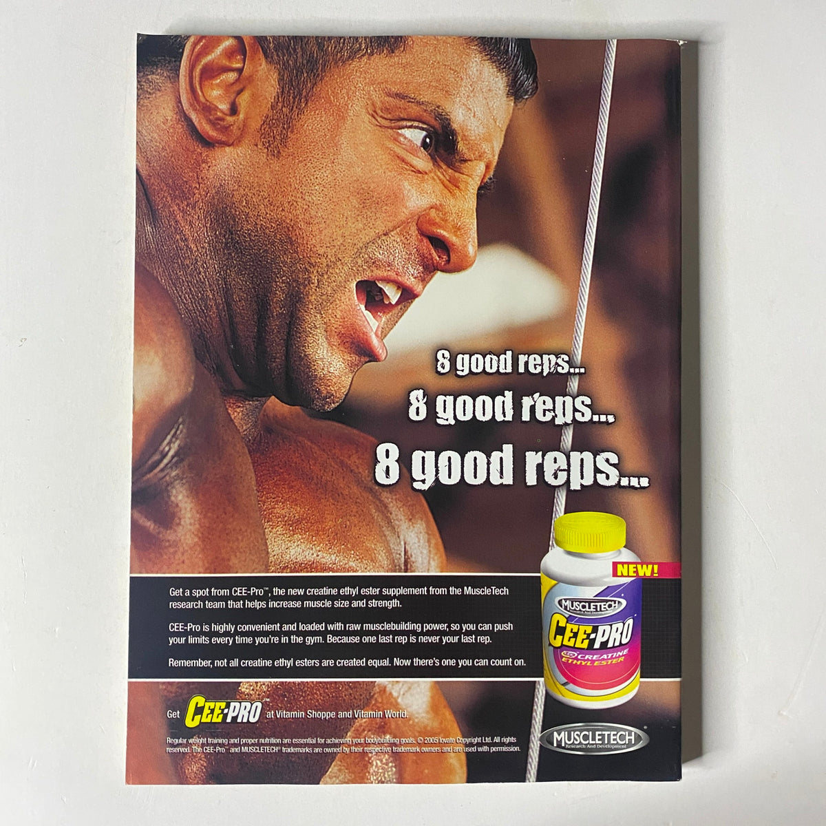 MuscleMag International Magazine September 2005 advertisement for CEE-PRO supplement from Muscletech, highlighting bodybuilding benefits and nutrition advice.