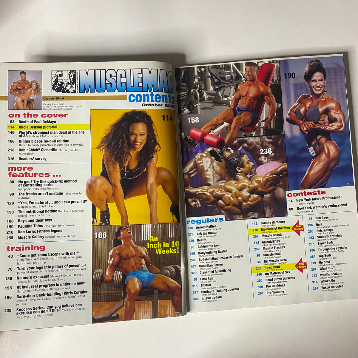 Inside spread of MuscleMag International Magazine October 2005 displaying contents including bodybuilders and training articles.