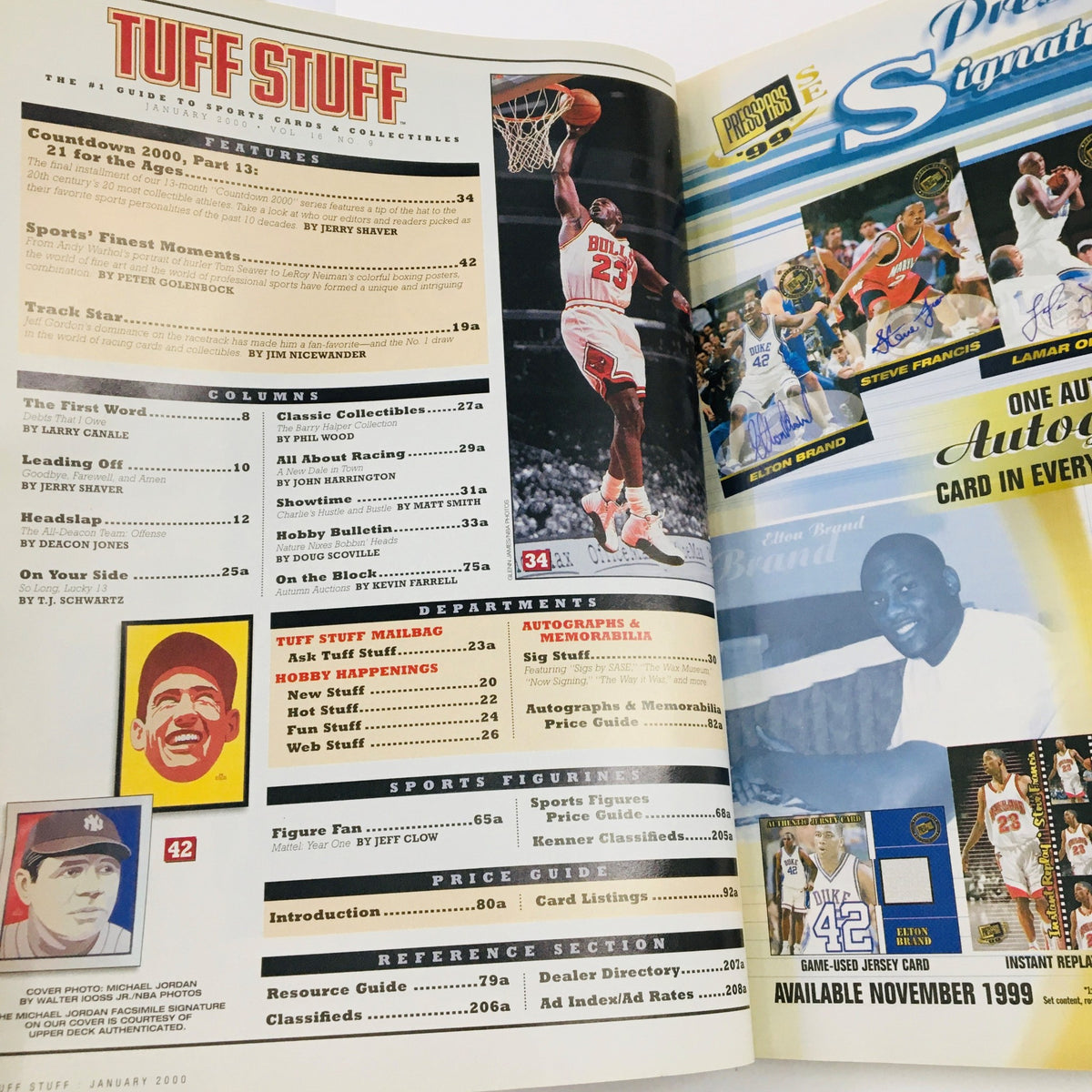 Inside pages of Tuff Stuff Magazine January 2000 showcasing sports figures, articles, and collectible items.