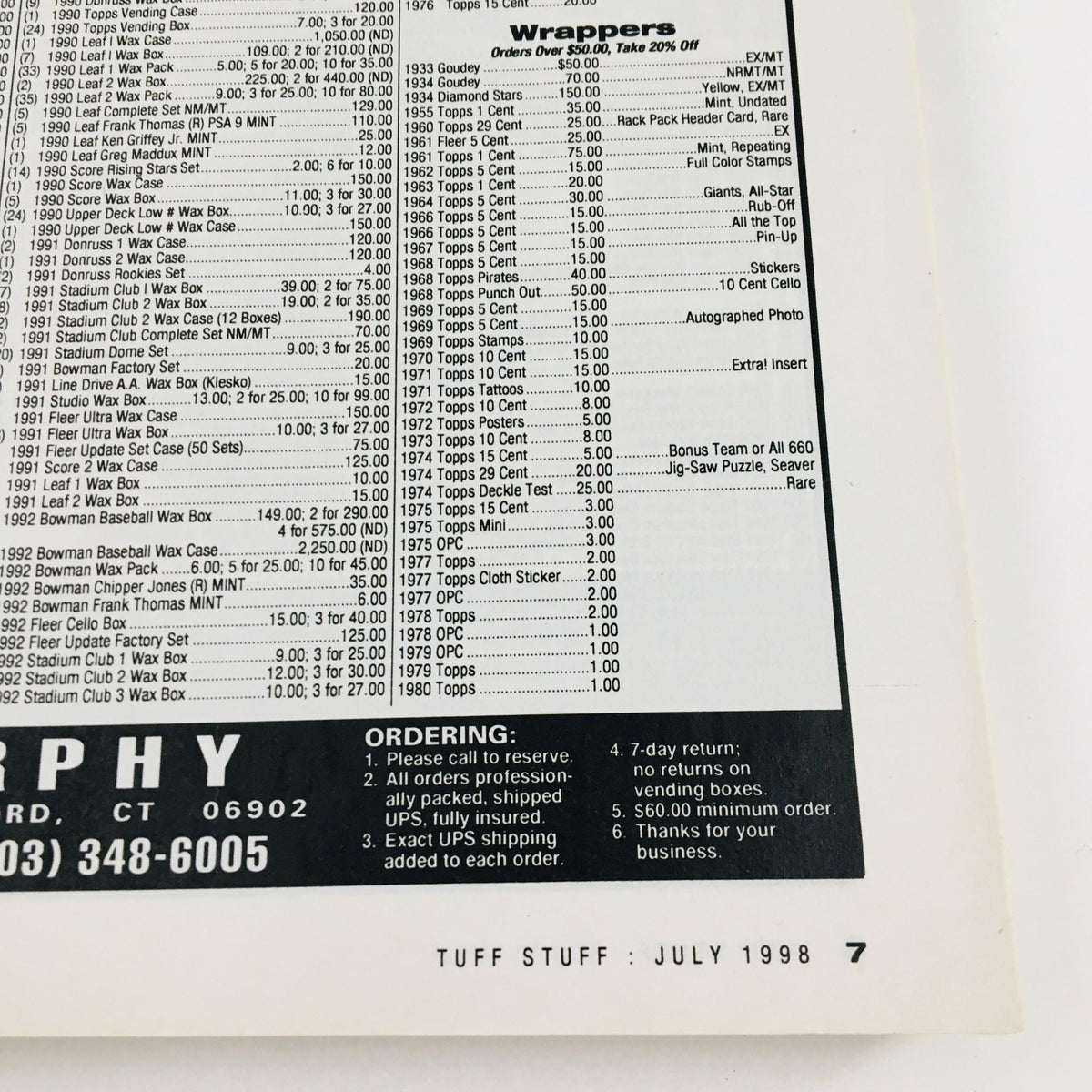 Interior page of Tuff Stuff Magazine July 1998 displaying a pricing list for sports cards and collectibles, highlighting various wax boxes and wrappers.