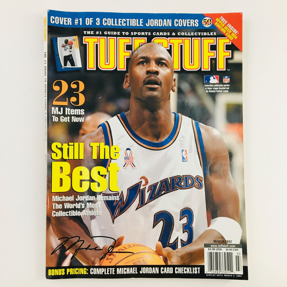 Tuff Stuff Magazine March 2002 cover featuring NBA legend Michael Jordan in Washington Wizards jersey, highlighting his status as the world's most collectible athlete.