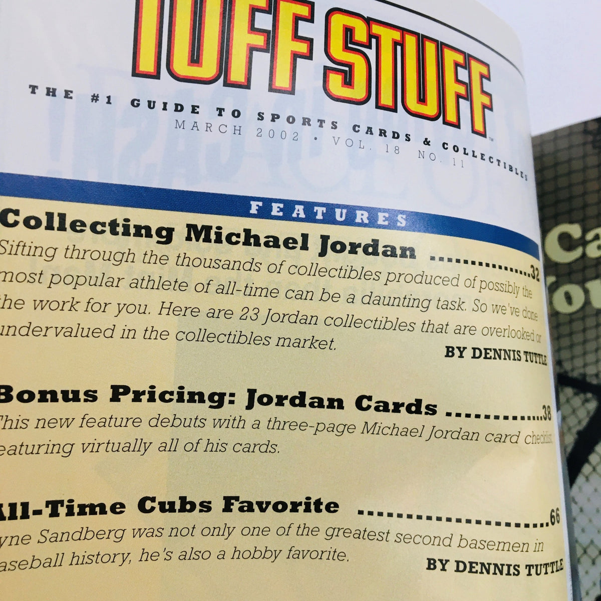 Detailed feature page of Tuff Stuff Magazine March 2002 on collecting Michael Jordan cards, emphasizing the magazine's focus on sports collectibles.