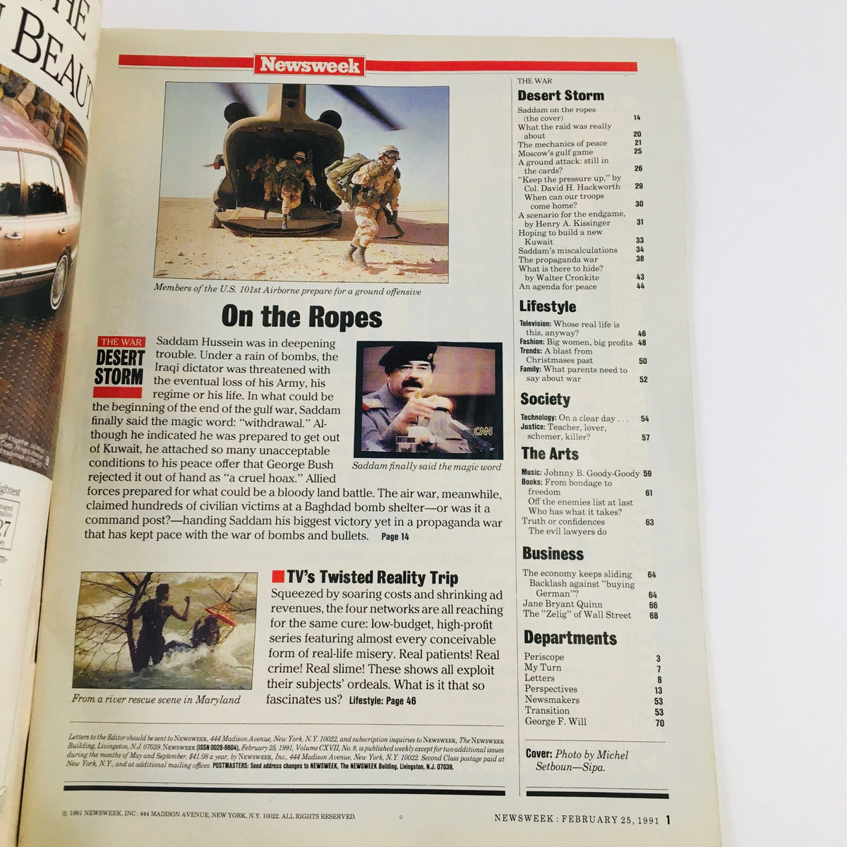 Interior page of Newsweek Magazine February 25, 1991, showcasing an article titled 'On the Ropes' about Saddam Hussein during the Gulf War.