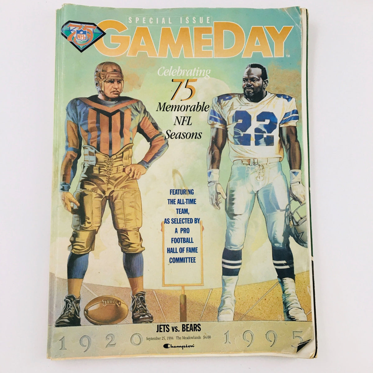 Cover of Gameday Magazine September 25, 1994, showcasing the Jets vs. Bears game, featuring iconic NFL players from 1920-1995, celebrating 75 memorable NFL seasons.