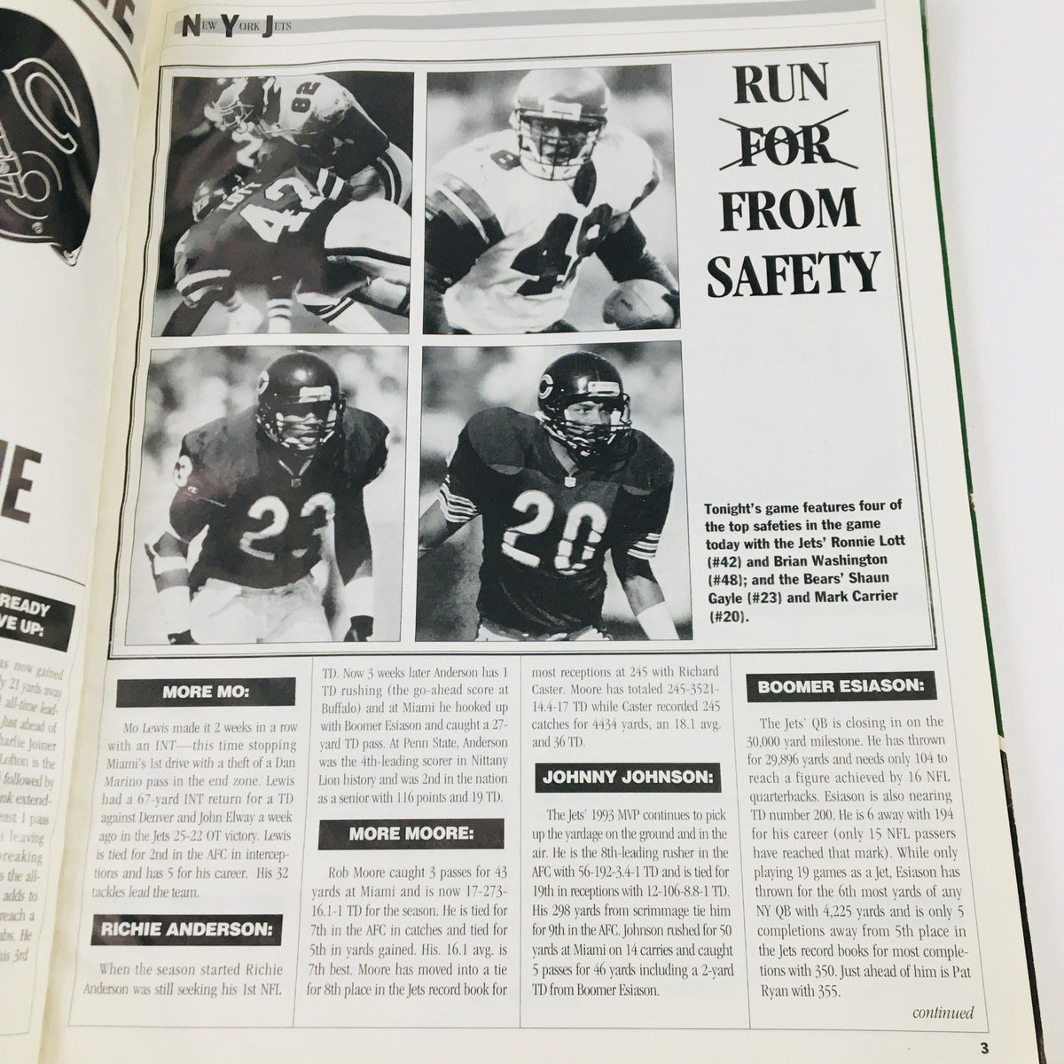 Page from Gameday Magazine September 25, 1994 displaying profiles of key players for Jets and Bears, emphasizing notable match details.