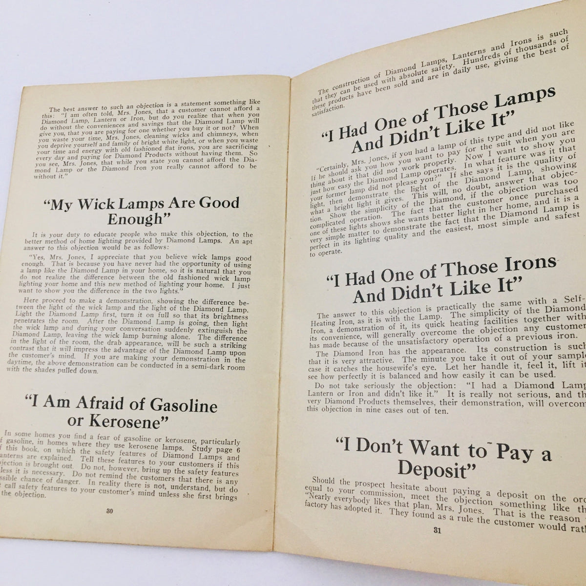 Another interior page from 'How To Successfully Sell Diamond Quality Products: Practical Salesmanship' discussing common objections and customer interactions.