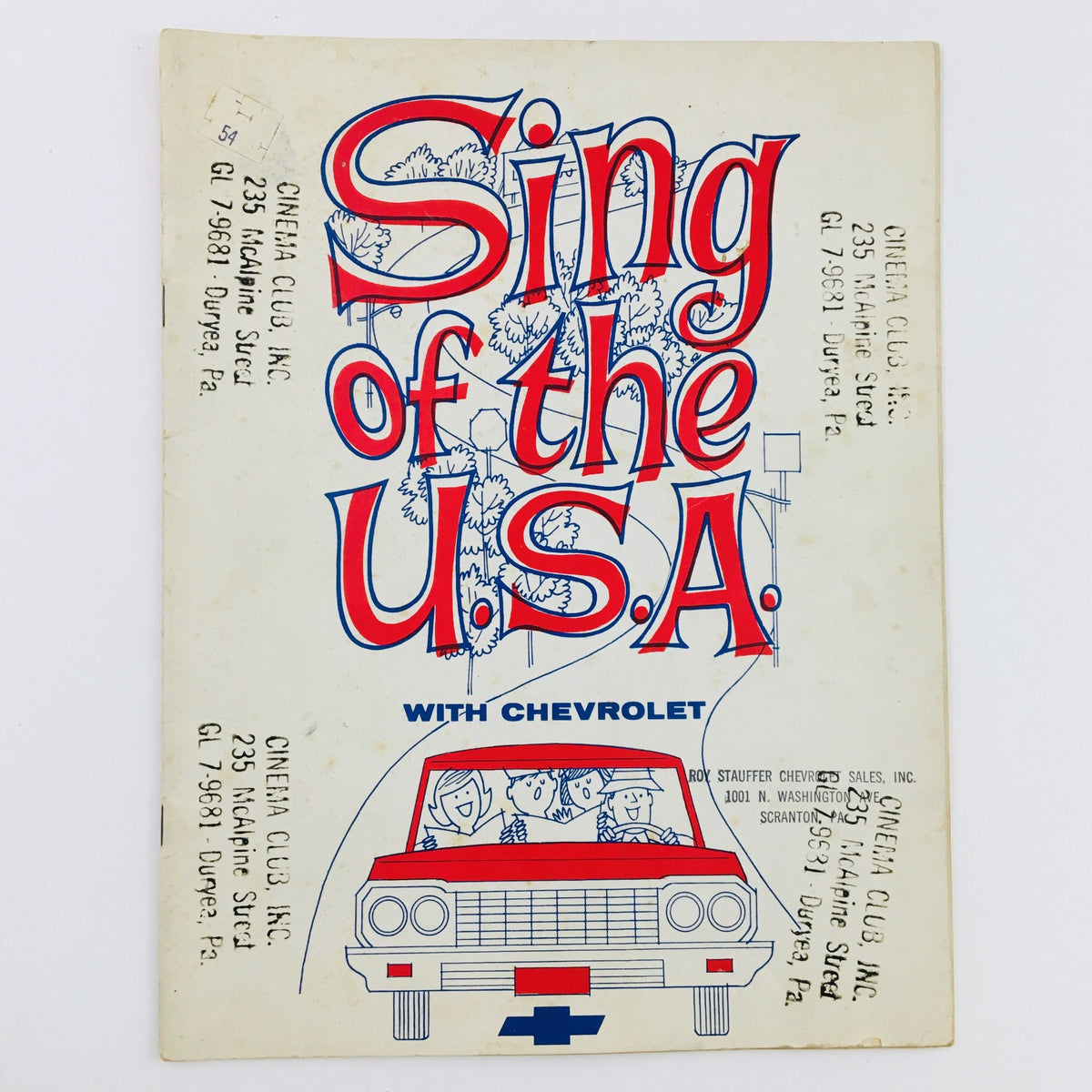 Cover of the 1964 Sing of the U.S.A. with Chevrolet Song Book featuring a group of characters and a Chevrolet car, showcasing nostalgic Americana design.