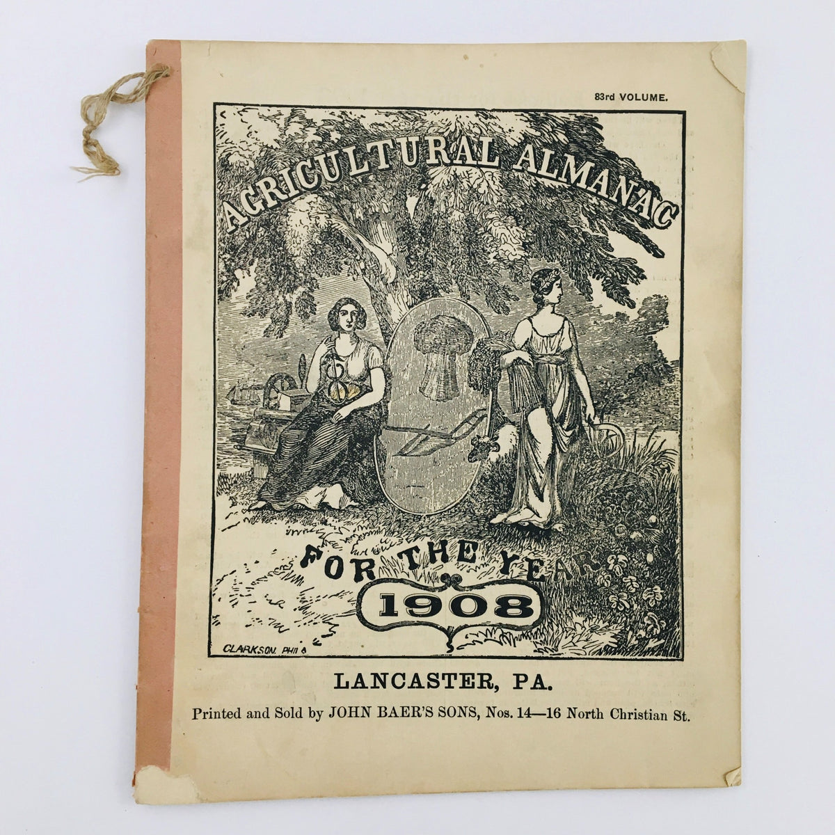 Cover image of the Agricultural Almanac for the Year of Our Lord 1908, featuring two women in an agricultural setting, showcasing vintage illustration and title details.