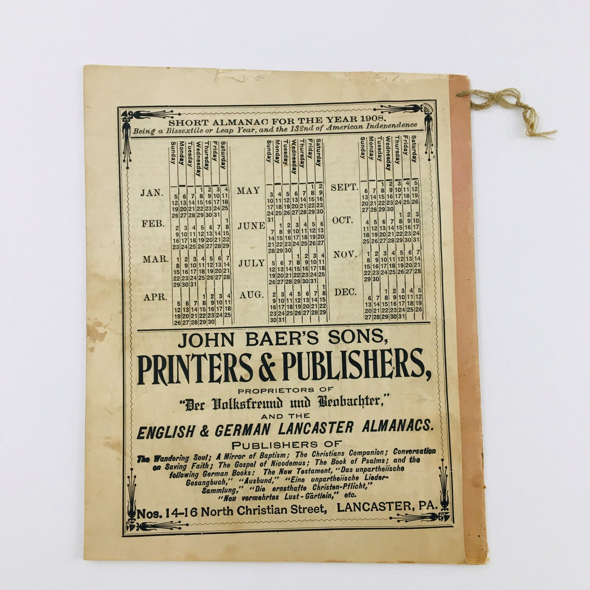 Cover page of the Agricultural Almanac for the Year of Our Lord 1908, showcasing the title and a calendar layout. Perfect for history enthusiasts and collectors of vintage agricultural literature.