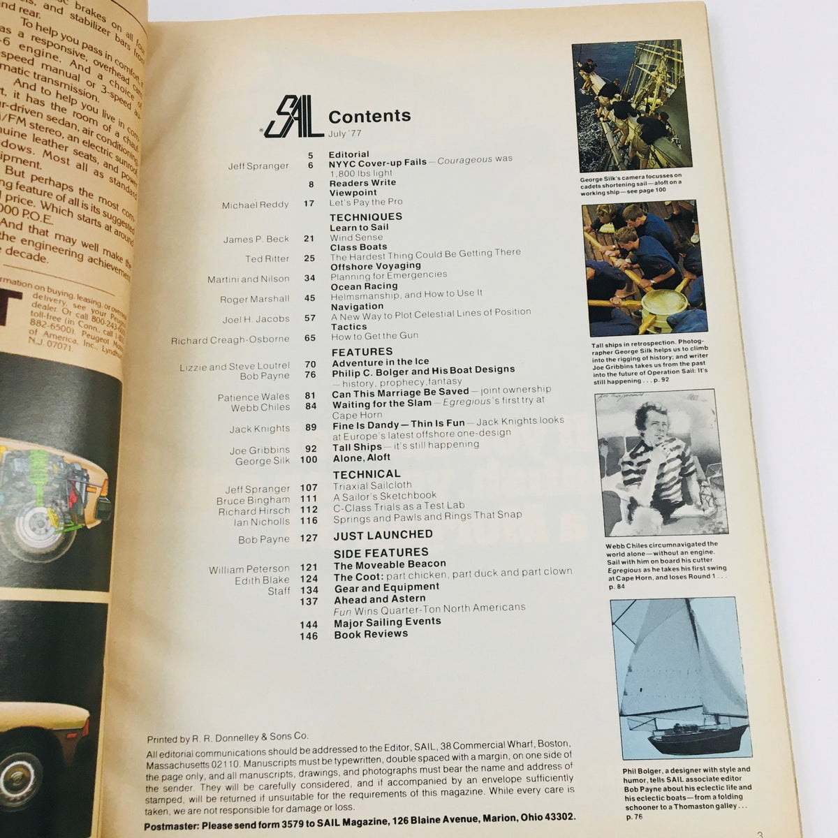 Contents page of Sail Magazine July 1977, showcasing articles including 'Philip C. Bolger and His Boat Designs' and other topics relevant to sailing enthusiasts.