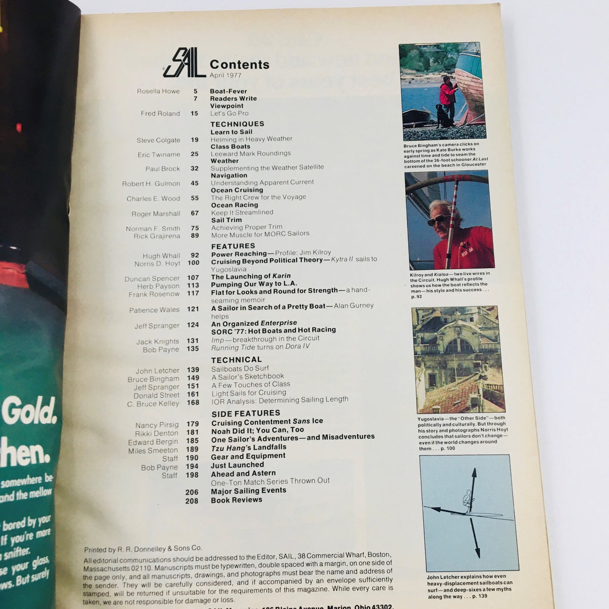 Contents page of Sail Magazine April 1977 showcasing the article 'Kate Burke Works Against Time and Tide To Seam Bottom' among other sailing-related features and techniques.