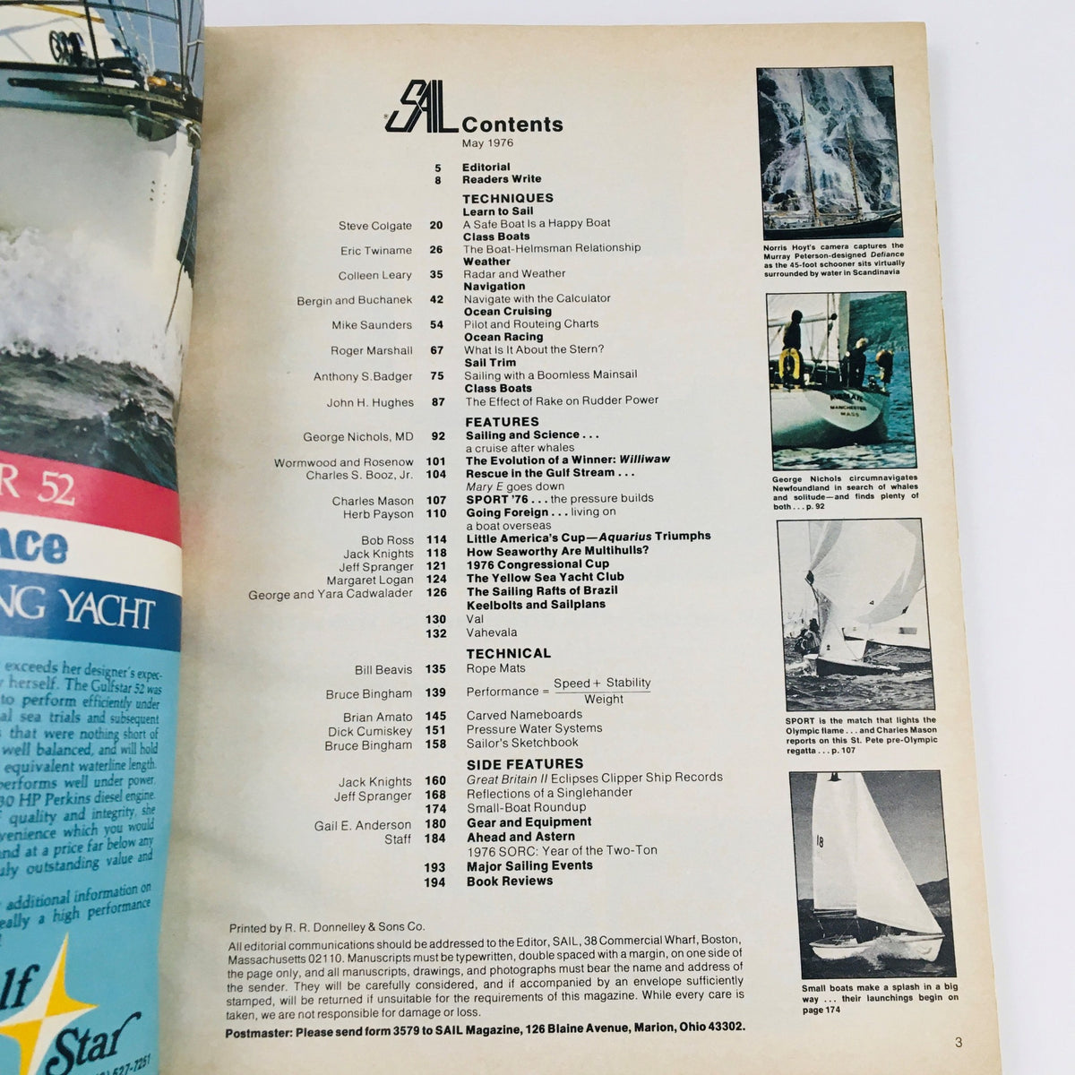 Contents page of Sail Magazine May 1976 featuring articles on sailing techniques, features, technical tips, and reviews, including the Murray Peterson-Designed Defiance Schooner in Scandinavia.