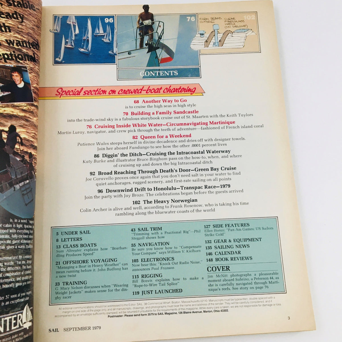 Table of contents page from Sail Magazine September 1979 showcasing articles and topics including 'Diggin the Ditch: Cruising the Intracoastal Waterway', highlighting key sailing adventures.