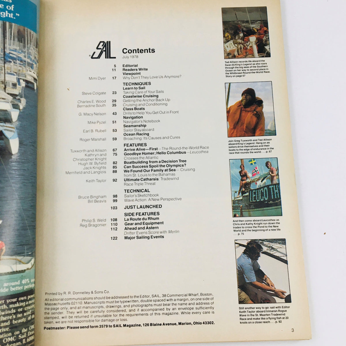 Sail Magazine July 1978 contents page featuring articles on sailing techniques, features about the Swan 65 King's Legend, and notable maritime events of the time. Includes headings like 'Arrive Alive – First' and 'Goodbye Homer – Hello Columbus.' Ideal for sailing enthusiasts and collectors of vintage sailing literature.