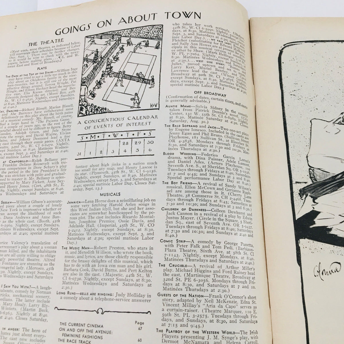 Interior page of The New Yorker Magazine August 30 1958. Contains listings for theater events, showcasing classic journalism and editorial style of the publication.