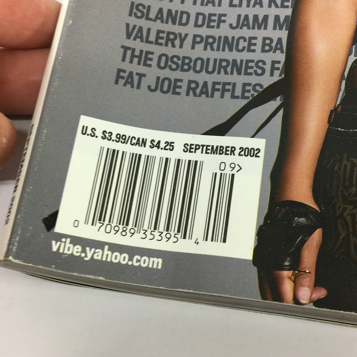Close-up of the back cover barcode and pricing details of Vibe Magazine September 2002, indicating a price of $3.99 in the U.S.