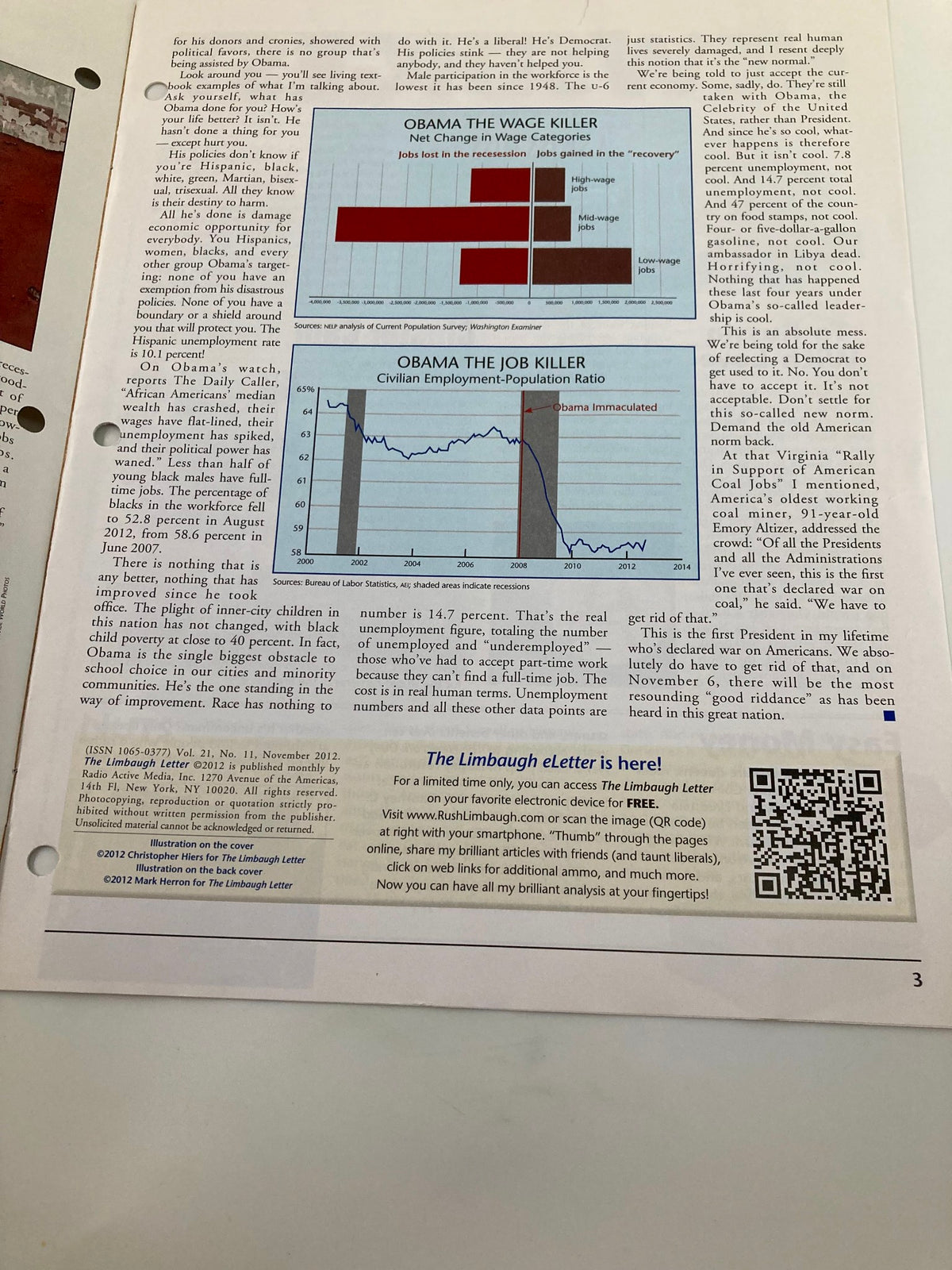 Another interior page from the Rush Limbaugh Letter Newsletter Magazine November 2012, featuring charts and data related to jobs and the economy, along with a QR code.