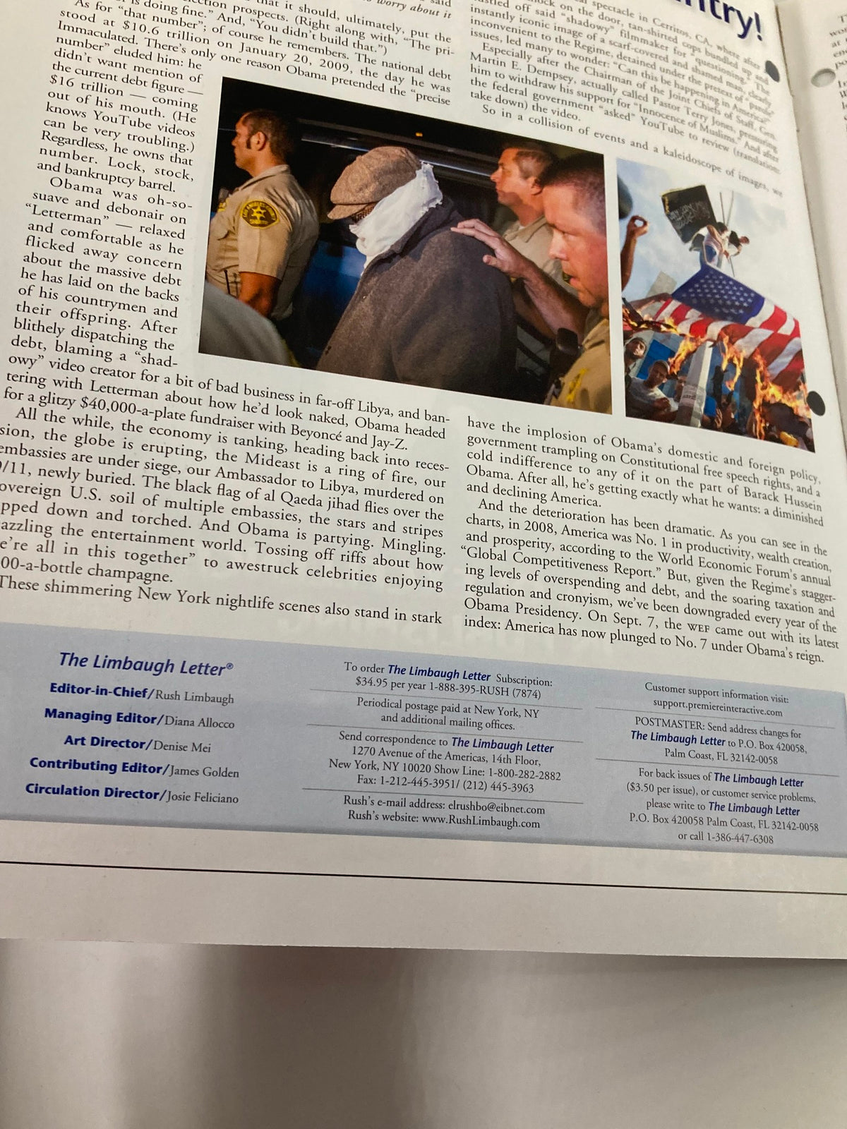 Inside page of Rush Limbaugh Letter Newsletter Magazine October 2012 featuring an article about Barack Obama, with accompanying images and analysis.